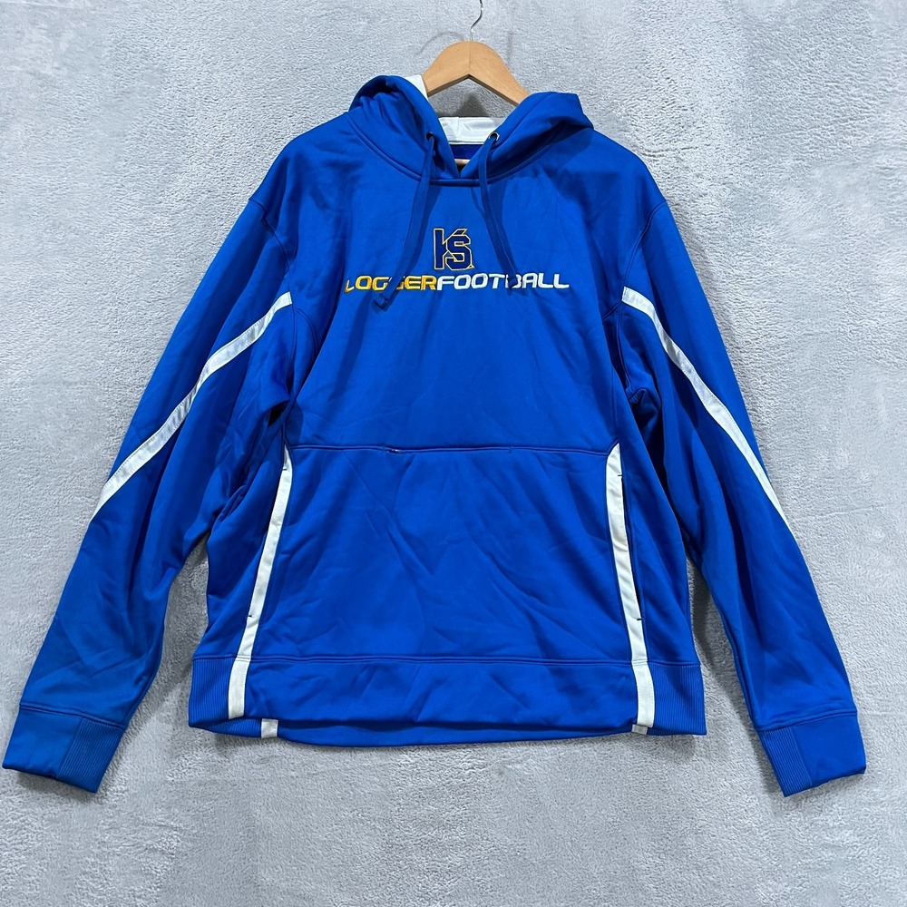 X Grain Hoodie Mens Large Logger Football Blue White Retro Y2K Pullover